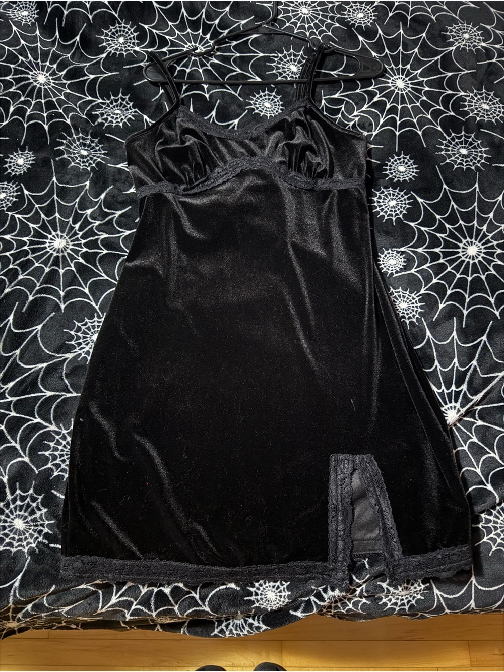 Black Velvet Lace-Trim Slip Dress